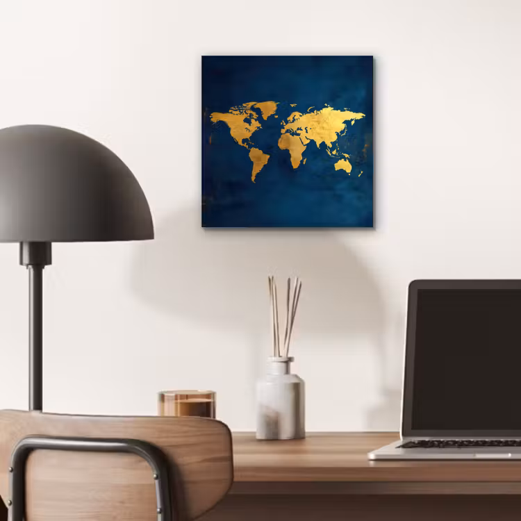 Wereldkaart - Goud - Donkerblauw aluminium wit klein -sfeer5
