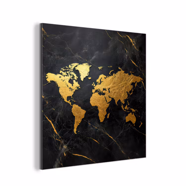 Wereldkaart - Goud - Marmer aluminium wit klein -3d