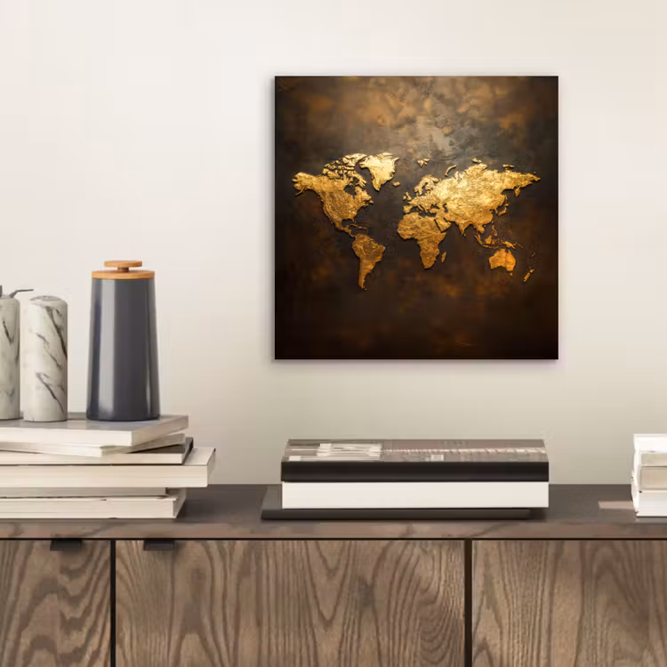 Wereldkaart - Goud - Roest aluminium wit klein -sfeer1