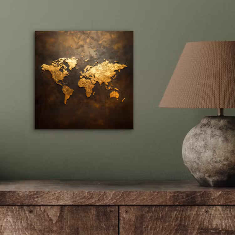Wereldkaart - Goud - Roest aluminium wit klein -sfeer2