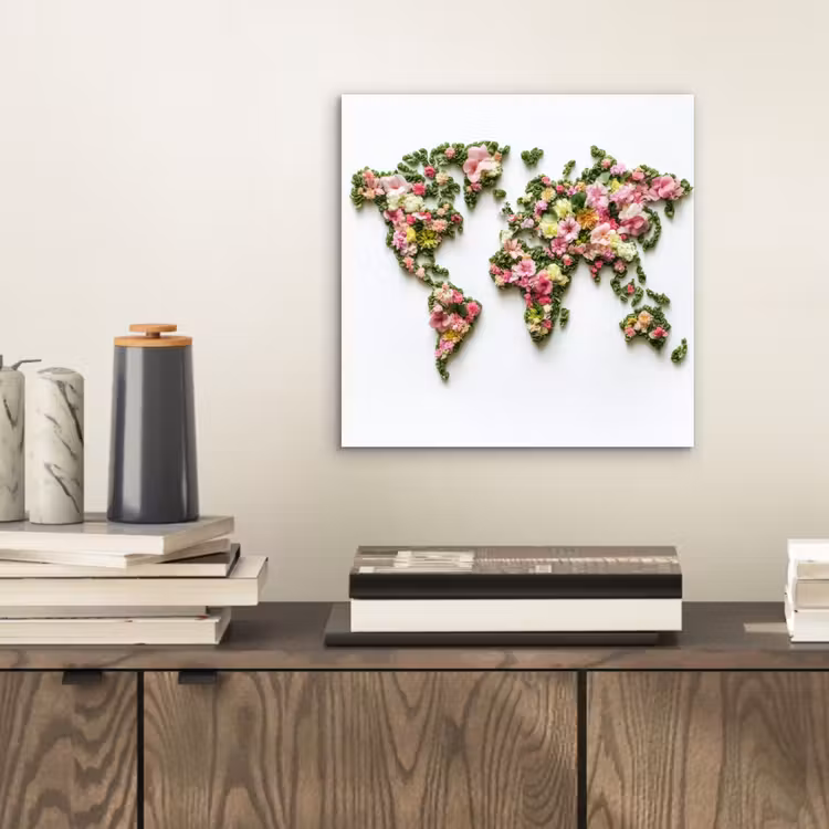 Wereldkaart - Kleurrijk - Bloemen - Lente aluminium wit klein -sfeer1