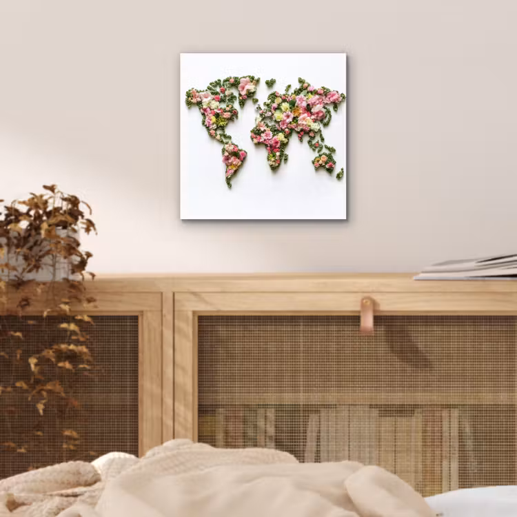Wereldkaart - Kleurrijk - Bloemen - Lente aluminium wit klein -sfeer3