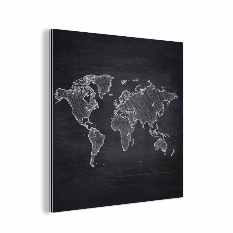 Wereldkaart - Krijt - Zwart - minimalistisch aluminium wit klein -3d