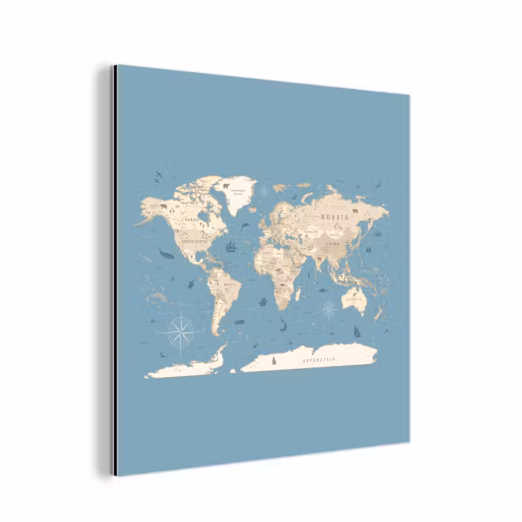 Wereldkaart - Oceaan - Realistisch - Blauw aluminium wit klein -3d