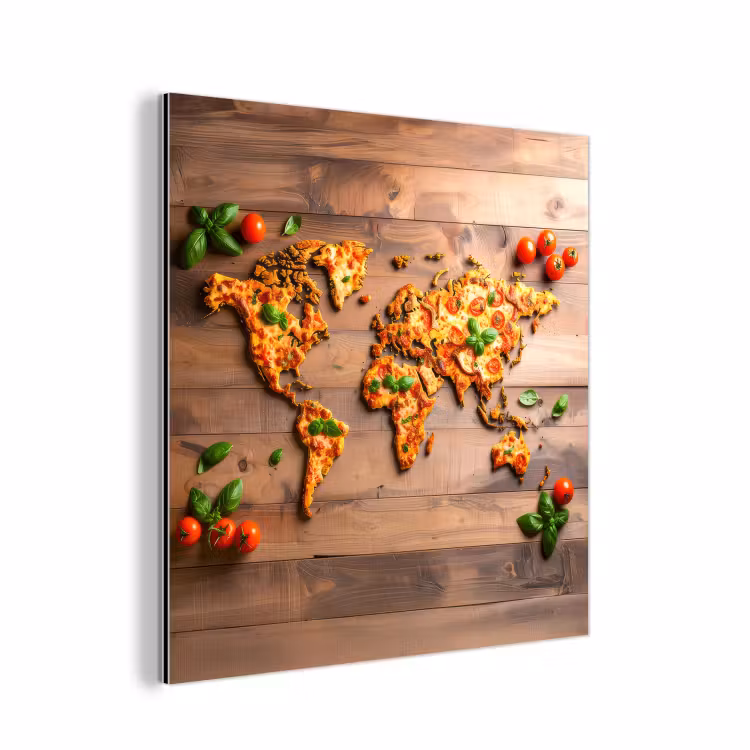 Wereldkaart - Pizza - Houten ondergrond aluminium wit klein -3d