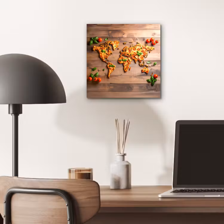 Wereldkaart - Pizza - Houten ondergrond aluminium wit klein -sfeer5