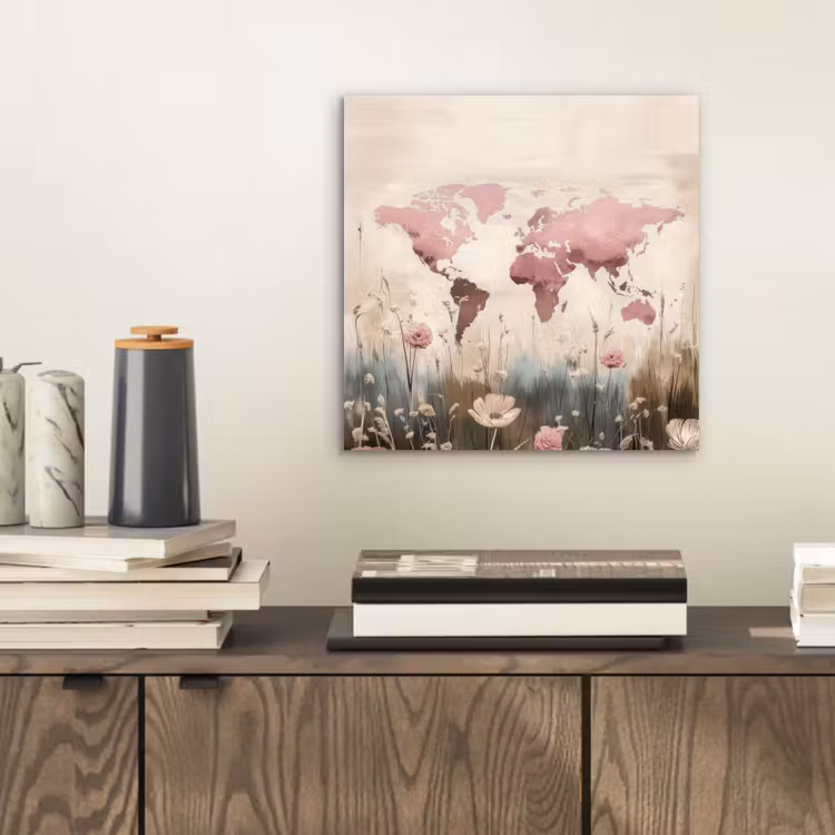 Wereldkaart - Roze - Bloemen aluminium wit klein -sfeer1
