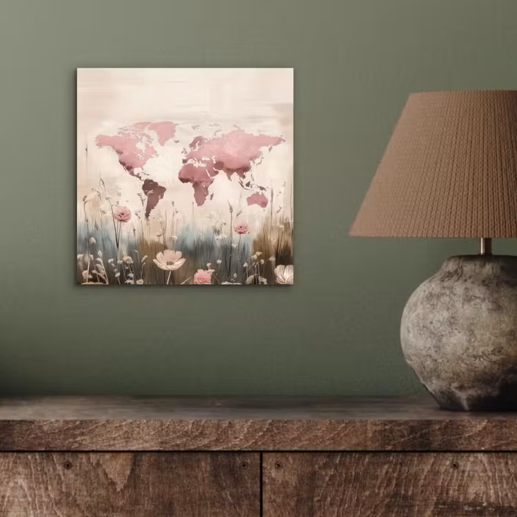 Wereldkaart - Roze - Bloemen aluminium wit klein -sfeer2