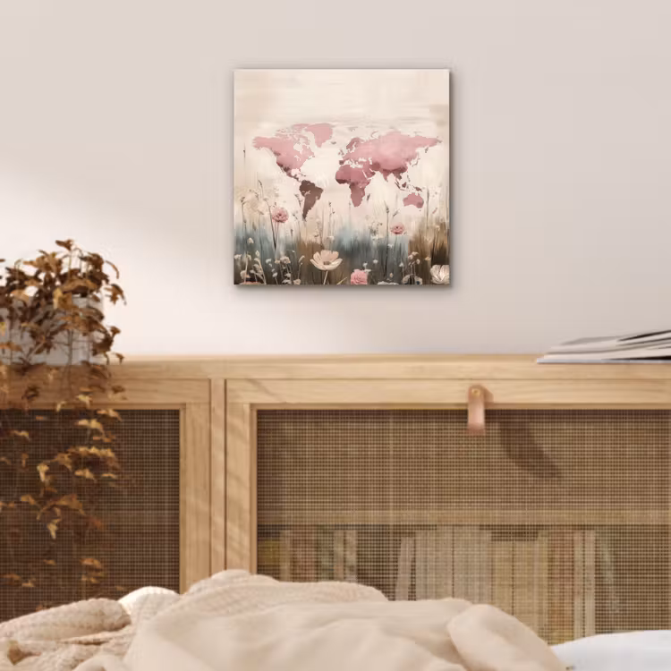 Wereldkaart - Roze - Bloemen aluminium wit klein -sfeer3
