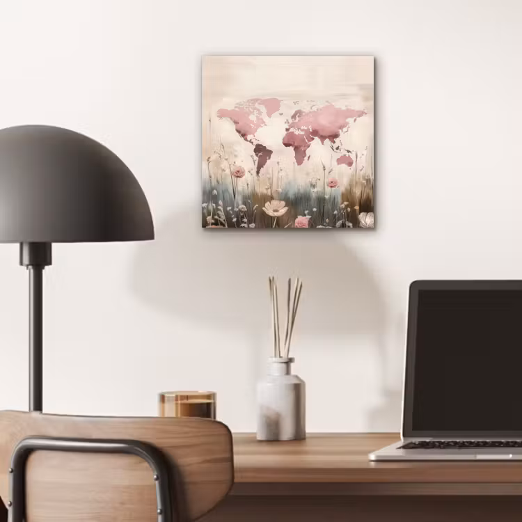 Wereldkaart - Roze - Bloemen aluminium wit klein -sfeer5