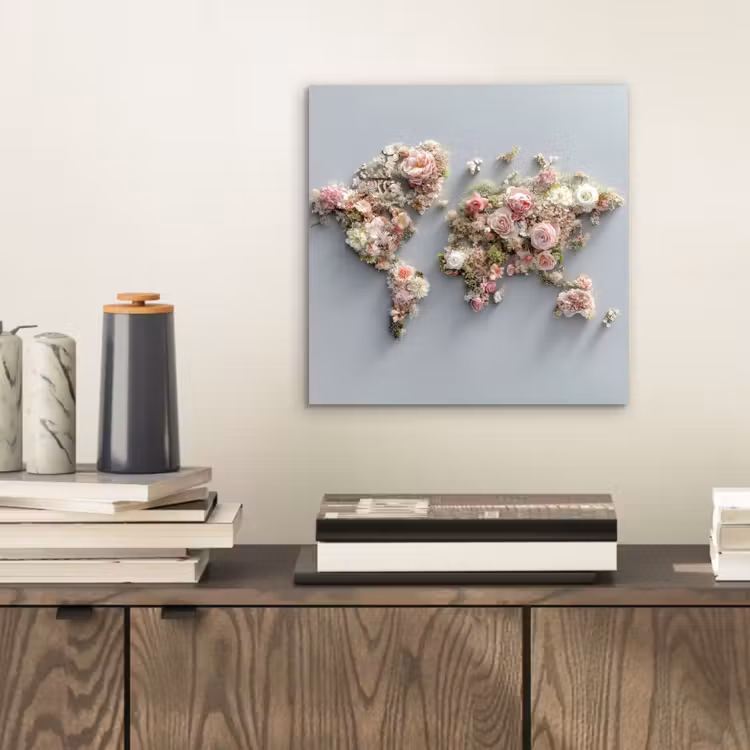 Wereldkaart - Rozen - Roze aluminium wit klein -sfeer1