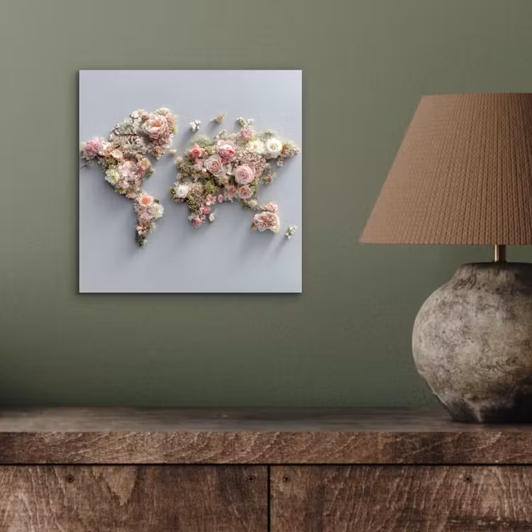 Wereldkaart - Rozen - Roze aluminium wit klein -sfeer2