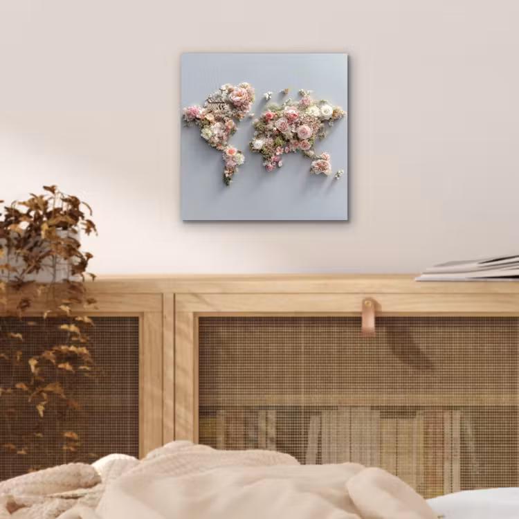 Wereldkaart - Rozen - Roze aluminium wit klein -sfeer3