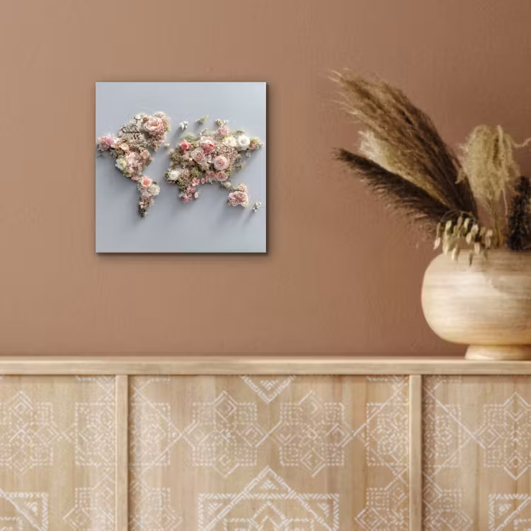 Wereldkaart - Rozen - Roze aluminium wit klein -sfeer4