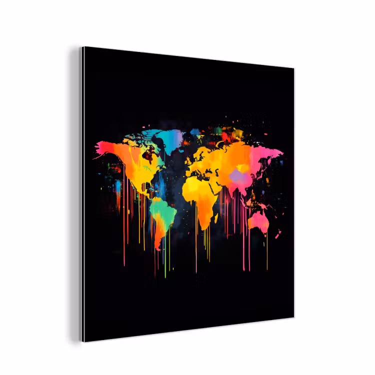 Wereldkaart - Verf - Kleurrijk - Graffiti - Wereld aluminium wit klein -3d