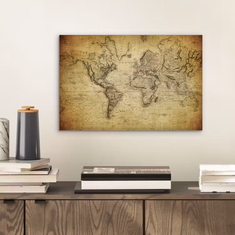 Wereldkaart - Vintage - Antiek - Bruin - Papier aluminium wit klein -sfeer1
