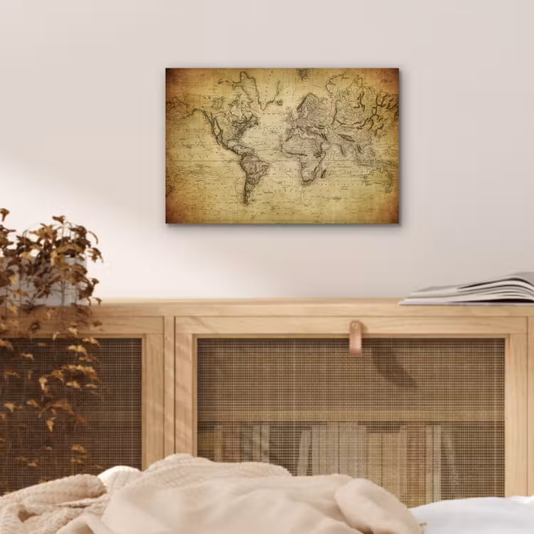 Wereldkaart - Vintage - Antiek - Bruin - Papier aluminium wit klein -sfeer3