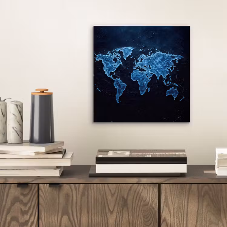 Wereldkaart - Waterstructuur - Blauw aluminium wit klein -sfeer1