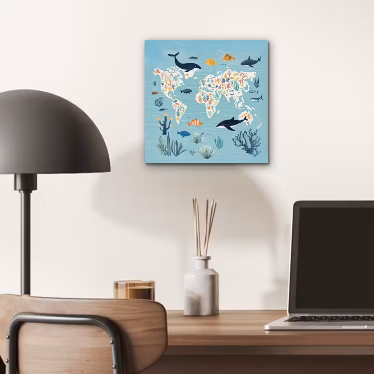 Wereldkaart - Zeeleven - Blauw aluminium wit klein -sfeer5