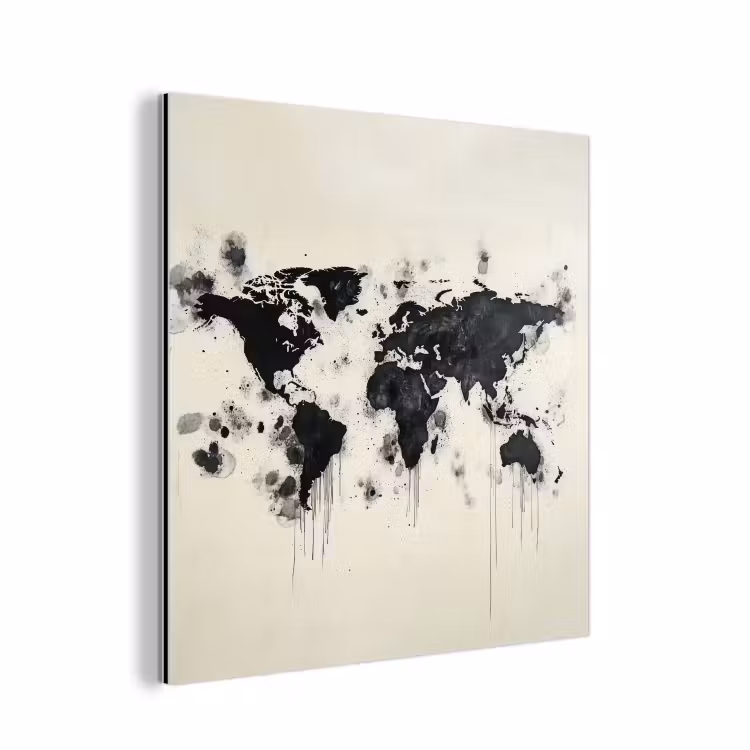 Wereldkaart - Zwart - Inkt aluminium wit klein -3d