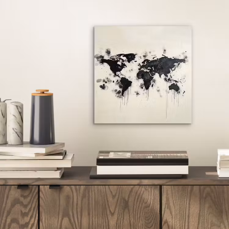 Wereldkaart - Zwart - Inkt aluminium wit klein -sfeer1