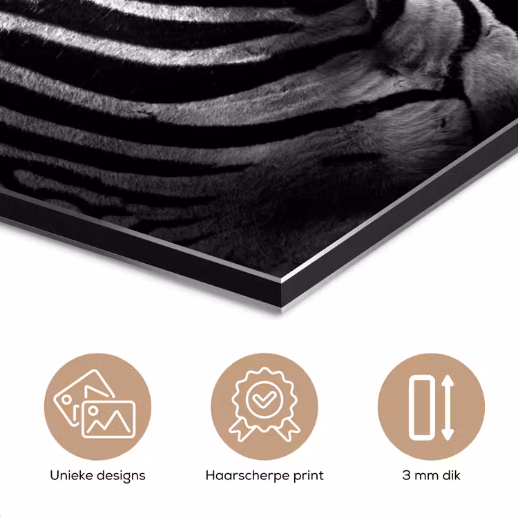 Zebra - Zwart - Wit - Portret - Dieren aluminium wit klein -closeup_NL
