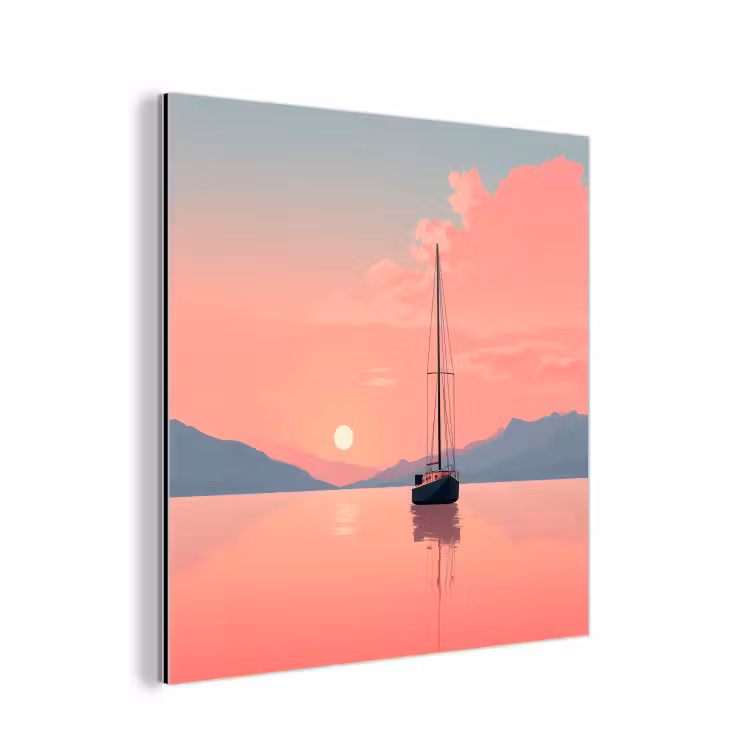 Zeilboot - Roze zee - Zonsondergang - Bergen aluminium wit klein -3d