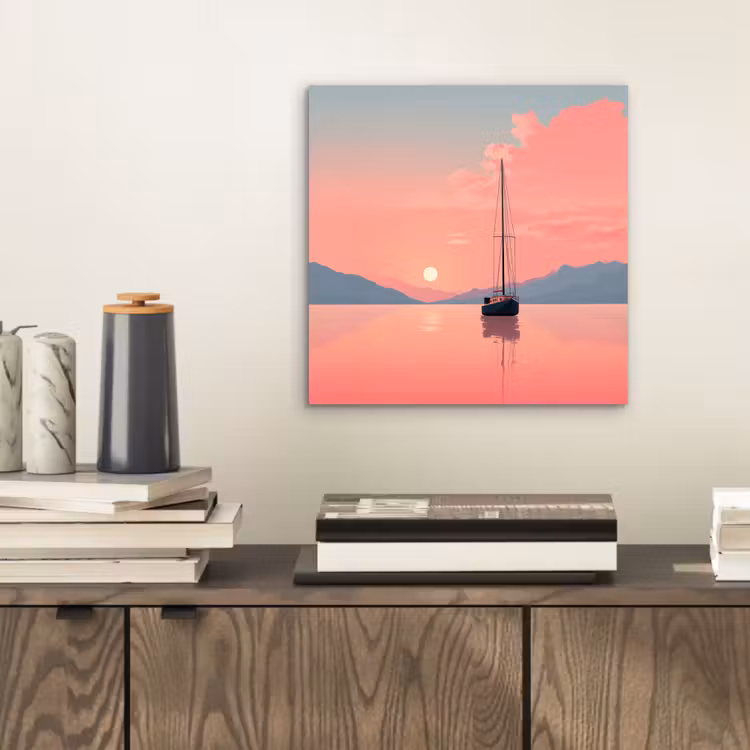 Zeilboot - Roze zee - Zonsondergang - Bergen aluminium wit klein -sfeer1