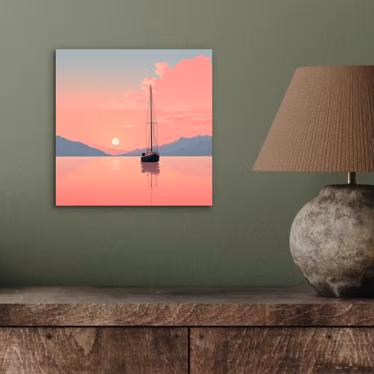 Zeilboot - Roze zee - Zonsondergang - Bergen aluminium wit klein -sfeer2