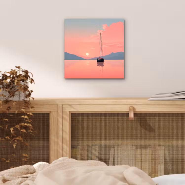Zeilboot - Roze zee - Zonsondergang - Bergen aluminium wit klein -sfeer3
