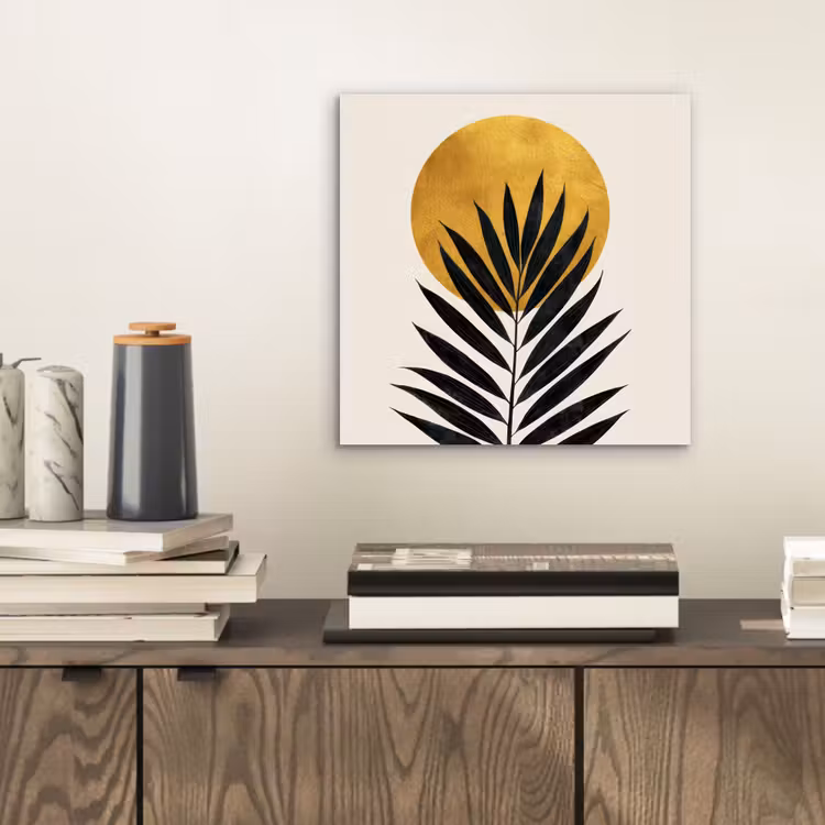 Zwart palmblad - Gouden cirkel - Beige achtergrond aluminium wit klein -sfeer1