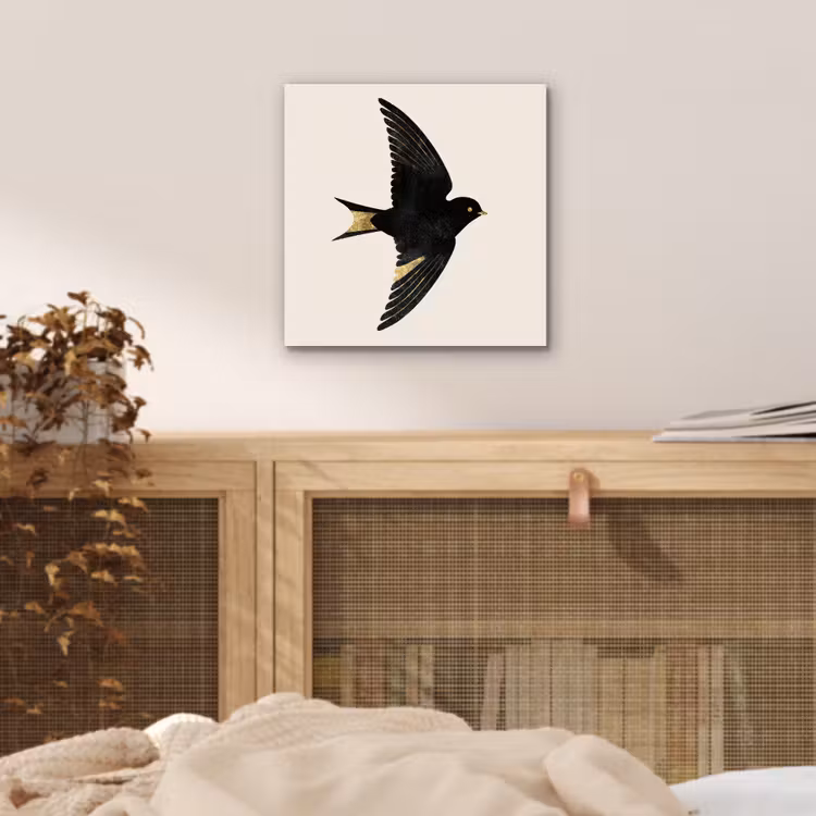Zwarte zwaluw - Gouden accenten - Lichte achtergrond aluminium wit klein -sfeer3
