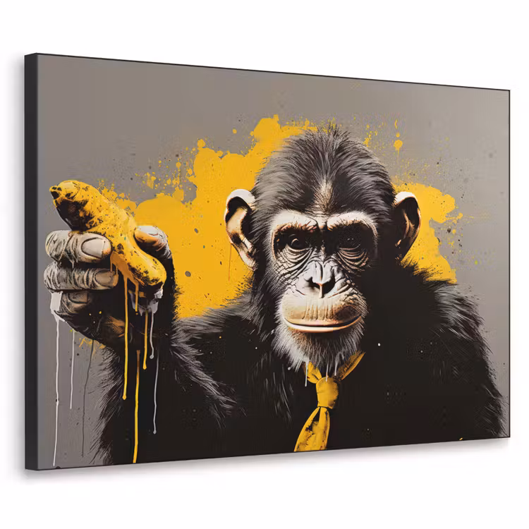 Aap - Chimpansee - Banaan - Geel - Dieren - Stropdas Textielframe zwart klein -3d