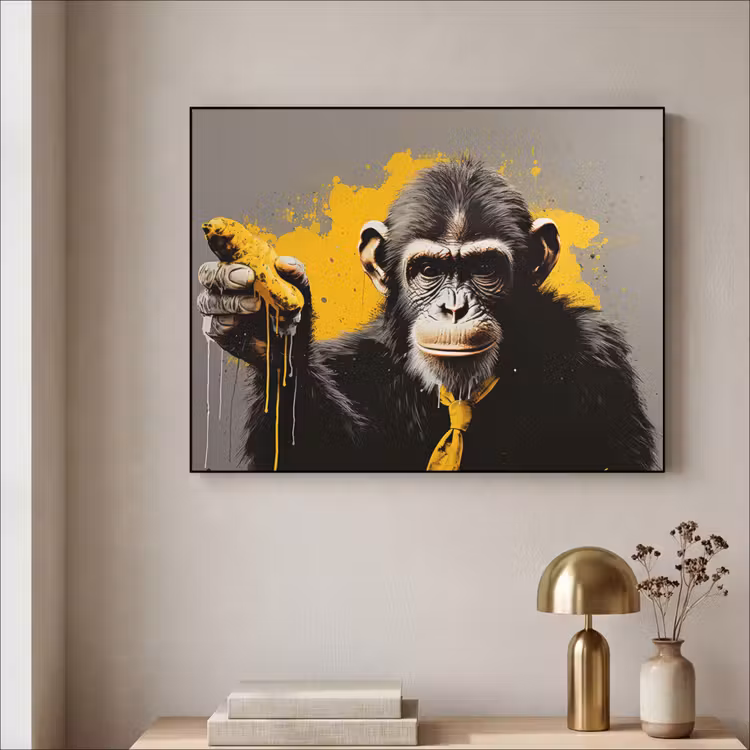 Aap - Chimpansee - Banaan - Geel - Dieren - Stropdas Textielframe zwart klein -sfeer2