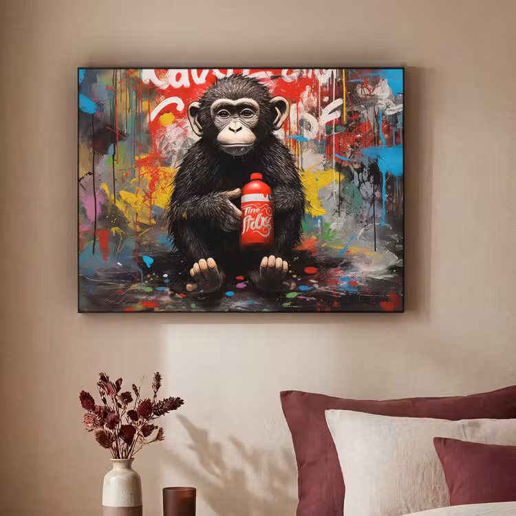 Aap - Graffiti - Dieren - Kunst - Flesje - Kleuren Textielframe zwart klein -sfeer1