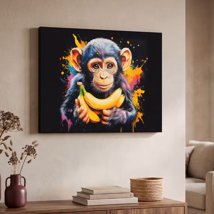 Aap - Graffiti - Kleurrijk - Bananen - Modern Textielframe - compleet frame klein -sfeer3