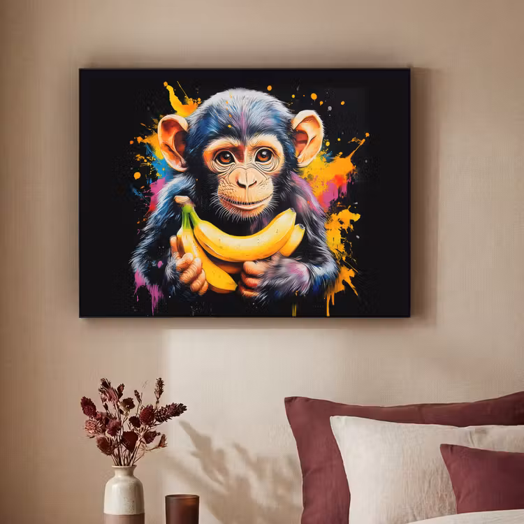Aap - Graffiti - Kleurrijk - Bananen - Modern Textielframe zwart klein -sfeer1