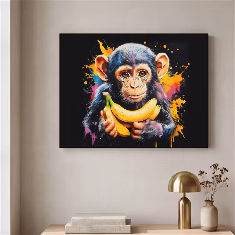 Aap - Graffiti - Kleurrijk - Bananen - Modern Textielframe zwart klein -sfeer2
