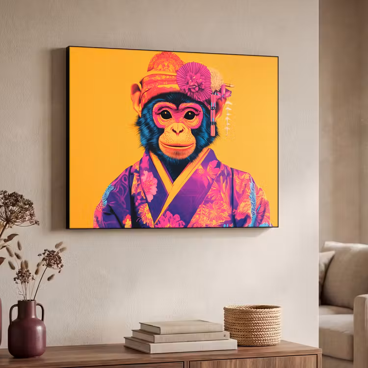 Aap - Kimono - Bloemen - Hoofdtooi Textielframe - compleet frame klein -sfeer3