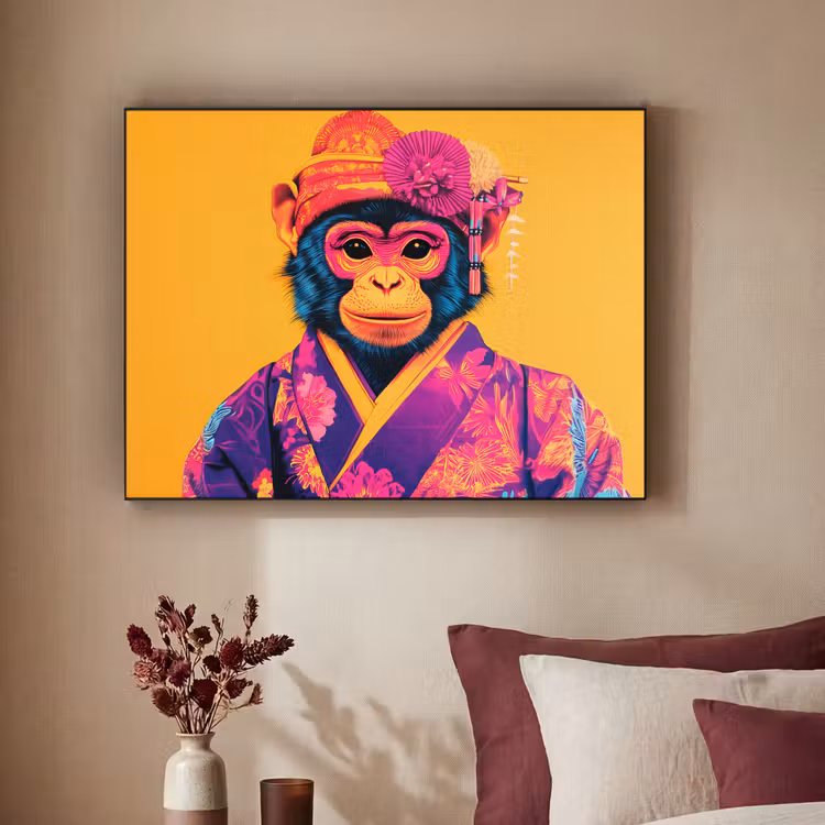 Aap - Kimono - Bloemen - Hoofdtooi Textielframe - compleet frame klein -sfeer1