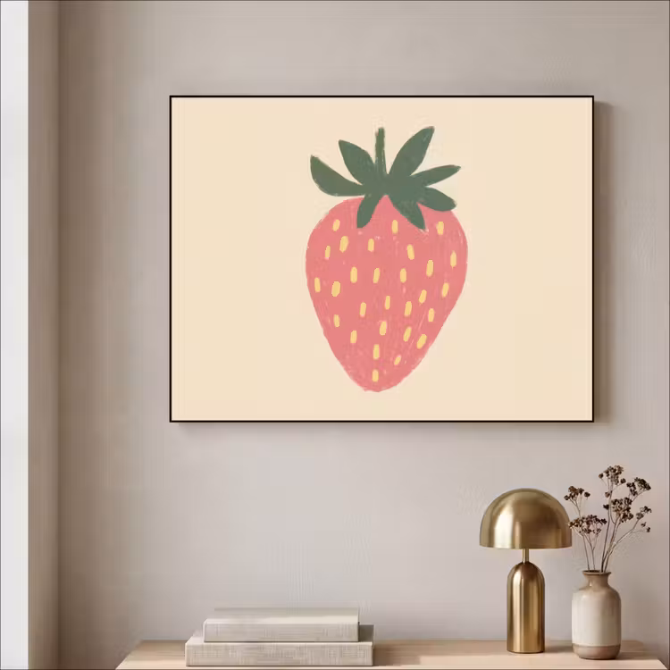 Aardbei - Minimalistisch - Rood - Fruit Textielframe zwart klein -sfeer2