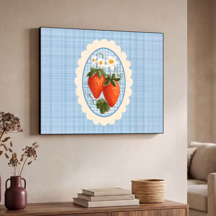 Aardbeien - Lijst - Rood - Geruit Textielframe - compleet frame klein -sfeer3