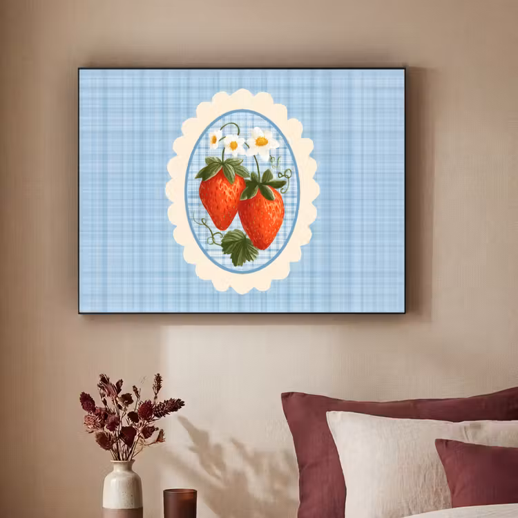 Aardbeien - Lijst - Rood - Geruit Textielframe zwart klein -sfeer1