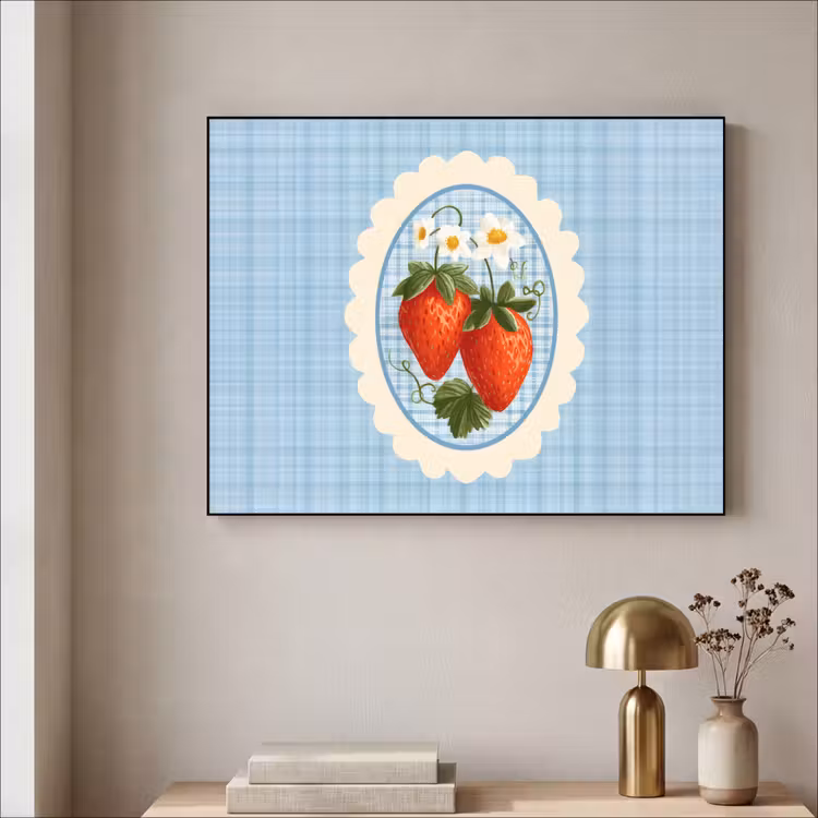 Aardbeien - Lijst - Rood - Geruit Textielframe zwart klein -sfeer2