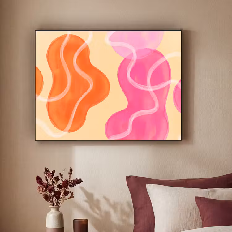 Abstract - Aquarel - Organisch - Oranje - Roze Textielframe zwart klein -sfeer1