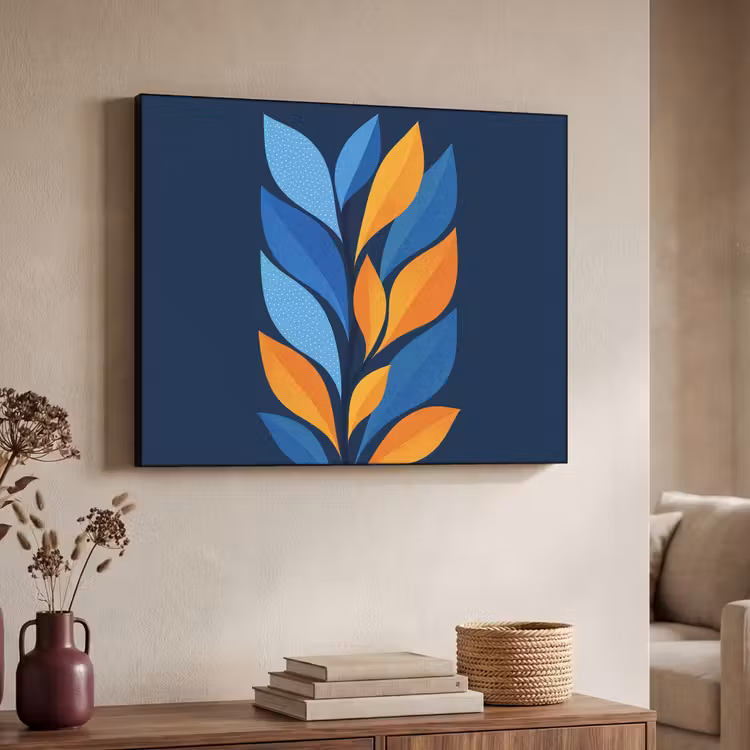 Abstract - Bladeren - Blauw Textielframe zwart klein -sfeer3