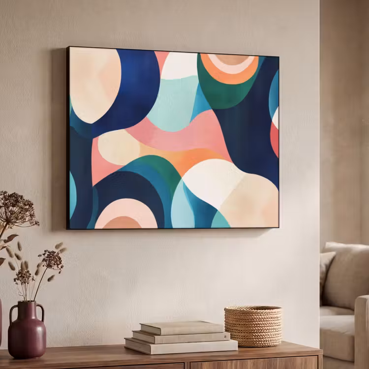 Abstract - Blauw - Roze Textielframe zwart klein -sfeer3