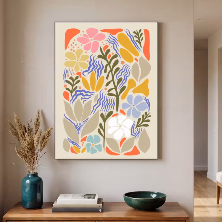 Abstract - Bloemen - Bladeren Textielframe zwart klein -sfeer1