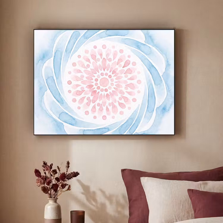 Abstract - Bloemvorm - Aquarel - Roze - Blauw Textielframe zwart klein -sfeer1