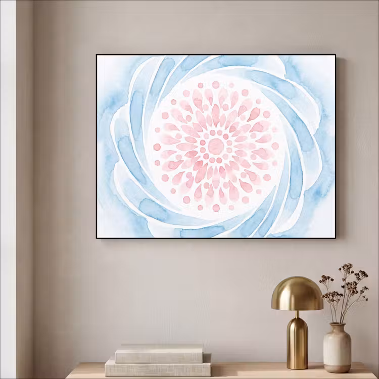 Abstract - Bloemvorm - Aquarel - Roze - Blauw Textielframe zwart klein -sfeer2